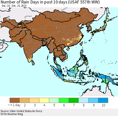 Asia Number of Rain Days in past 10 days (USAF 557th WW) Thematic Map For 12/21/2023 - 12/25/2023