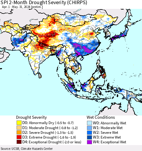 Asia SPI 2-Month Drought Severity (CHIRPS) Thematic Map For 4/1/2024 - 5/31/2024