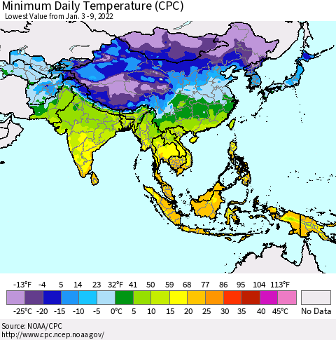 Asia Minimum Daily Temperature (CPC) Thematic Map For 1/3/2022 - 1/9/2022