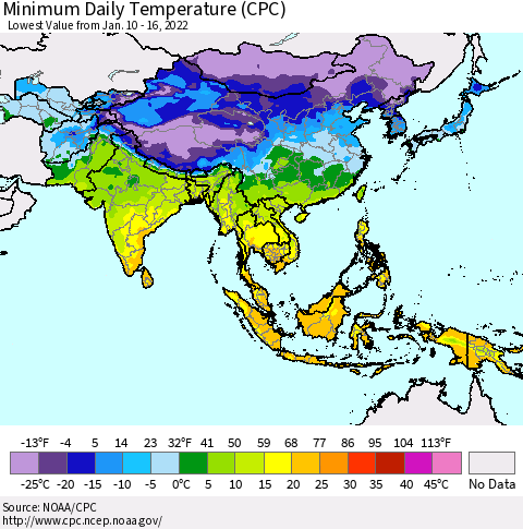 Asia Minimum Daily Temperature (CPC) Thematic Map For 1/10/2022 - 1/16/2022