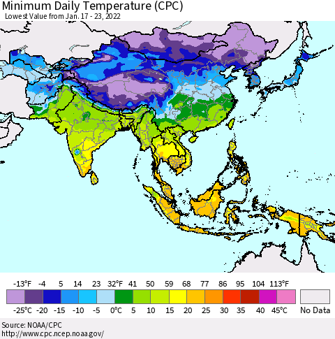 Asia Minimum Daily Temperature (CPC) Thematic Map For 1/17/2022 - 1/23/2022