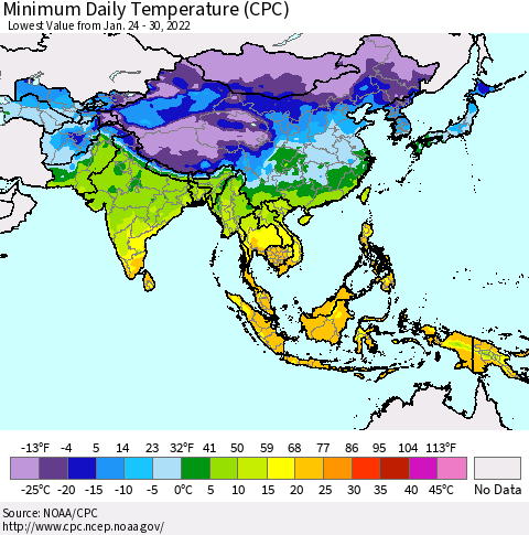 Asia Minimum Daily Temperature (CPC) Thematic Map For 1/24/2022 - 1/30/2022