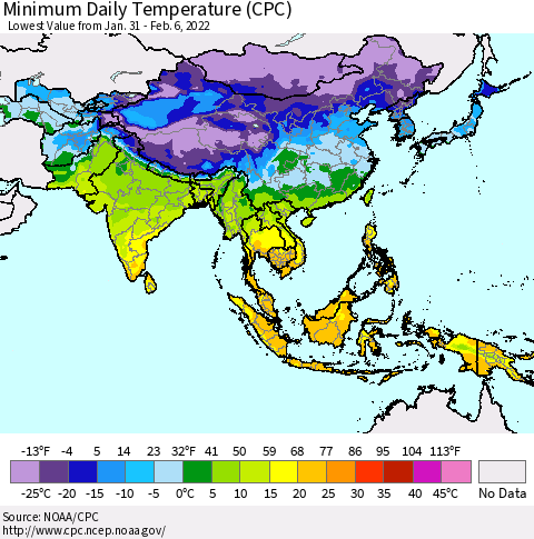Asia Minimum Daily Temperature (CPC) Thematic Map For 1/31/2022 - 2/6/2022