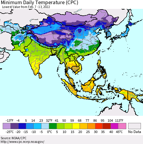 Asia Minimum Daily Temperature (CPC) Thematic Map For 2/7/2022 - 2/13/2022