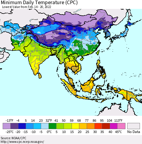 Asia Minimum Daily Temperature (CPC) Thematic Map For 2/14/2022 - 2/20/2022