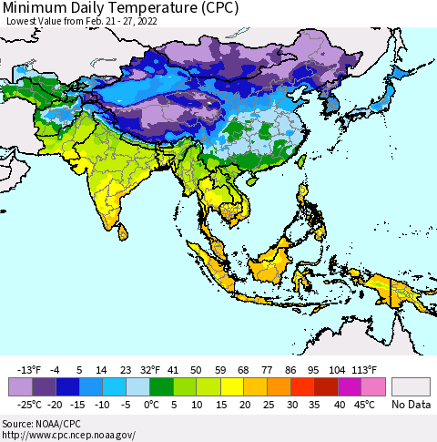 Asia Minimum Daily Temperature (CPC) Thematic Map For 2/21/2022 - 2/27/2022