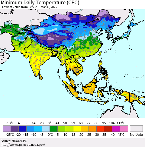 Asia Minimum Daily Temperature (CPC) Thematic Map For 2/28/2022 - 3/6/2022