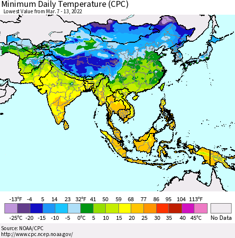Asia Minimum Daily Temperature (CPC) Thematic Map For 3/7/2022 - 3/13/2022