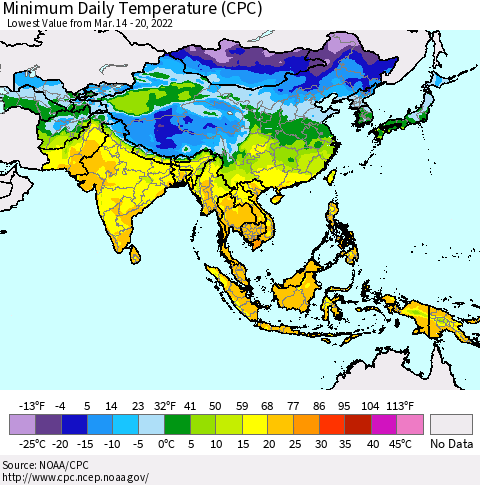 Asia Minimum Daily Temperature (CPC) Thematic Map For 3/14/2022 - 3/20/2022