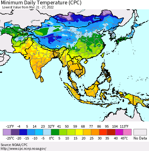 Asia Minimum Daily Temperature (CPC) Thematic Map For 3/21/2022 - 3/27/2022
