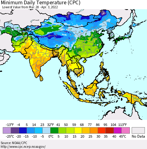 Asia Minimum Daily Temperature (CPC) Thematic Map For 3/28/2022 - 4/3/2022