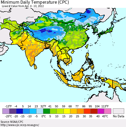 Asia Minimum Daily Temperature (CPC) Thematic Map For 4/4/2022 - 4/10/2022