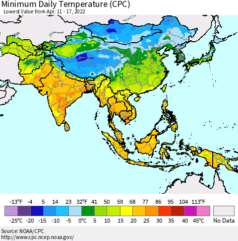 Asia Minimum Daily Temperature (CPC) Thematic Map For 4/11/2022 - 4/17/2022