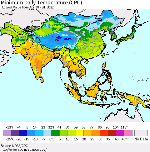 Asia Minimum Daily Temperature (CPC) Thematic Map For 4/18/2022 - 4/24/2022