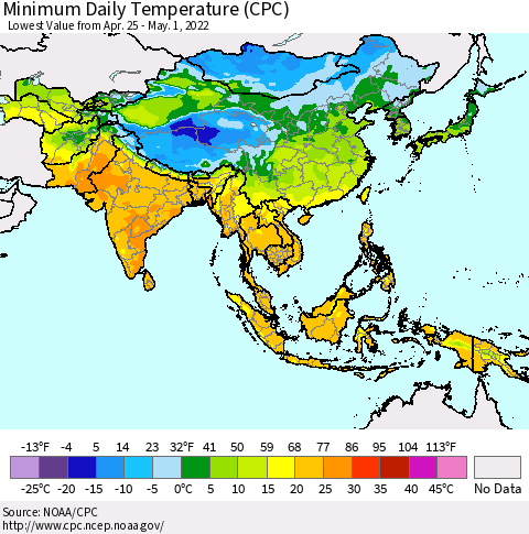 Asia Minimum Daily Temperature (CPC) Thematic Map For 4/25/2022 - 5/1/2022