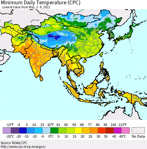 Asia Minimum Daily Temperature (CPC) Thematic Map For 5/2/2022 - 5/8/2022