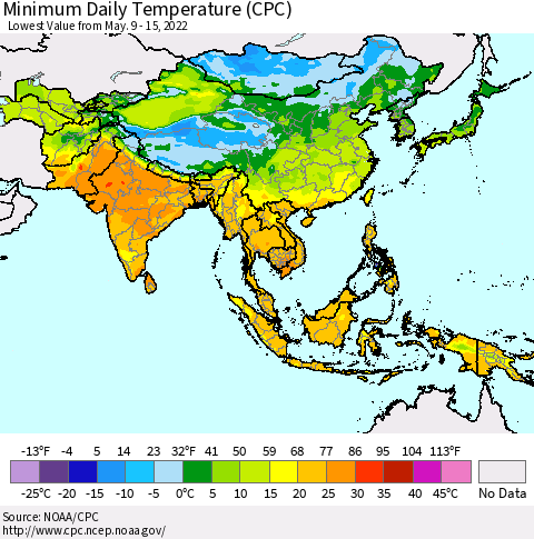 Asia Minimum Daily Temperature (CPC) Thematic Map For 5/9/2022 - 5/15/2022