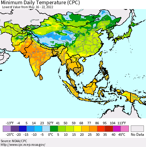 Asia Minimum Daily Temperature (CPC) Thematic Map For 5/16/2022 - 5/22/2022