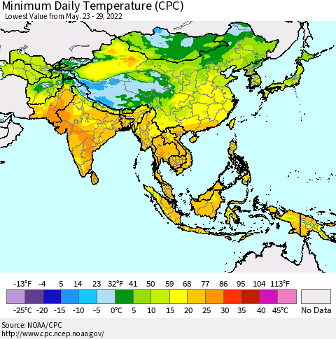 Asia Minimum Daily Temperature (CPC) Thematic Map For 5/23/2022 - 5/29/2022