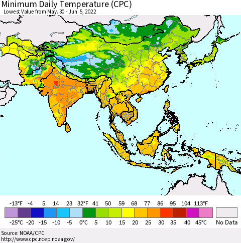 Asia Minimum Daily Temperature (CPC) Thematic Map For 5/30/2022 - 6/5/2022