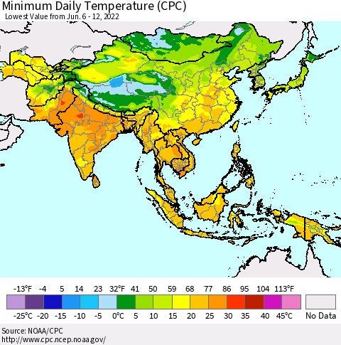 Asia Minimum Daily Temperature (CPC) Thematic Map For 6/6/2022 - 6/12/2022