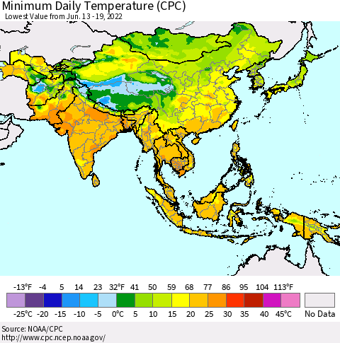 Asia Minimum Daily Temperature (CPC) Thematic Map For 6/13/2022 - 6/19/2022