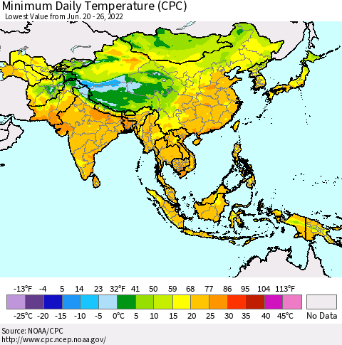 Asia Minimum Daily Temperature (CPC) Thematic Map For 6/20/2022 - 6/26/2022