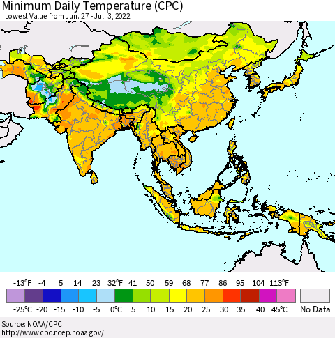 Asia Minimum Daily Temperature (CPC) Thematic Map For 6/27/2022 - 7/3/2022