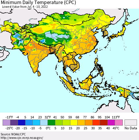 Asia Minimum Daily Temperature (CPC) Thematic Map For 7/4/2022 - 7/10/2022