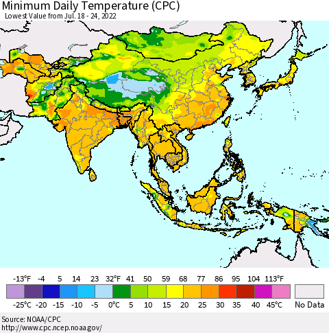 Asia Minimum Daily Temperature (CPC) Thematic Map For 7/18/2022 - 7/24/2022