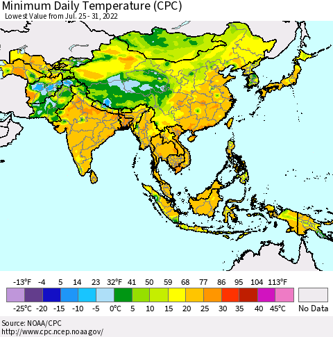 Asia Minimum Daily Temperature (CPC) Thematic Map For 7/25/2022 - 7/31/2022