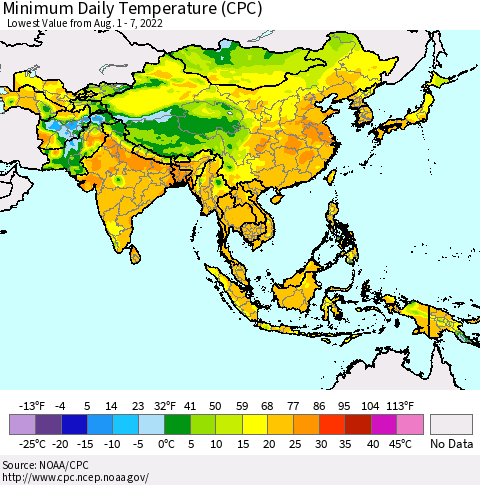 Asia Minimum Daily Temperature (CPC) Thematic Map For 8/1/2022 - 8/7/2022