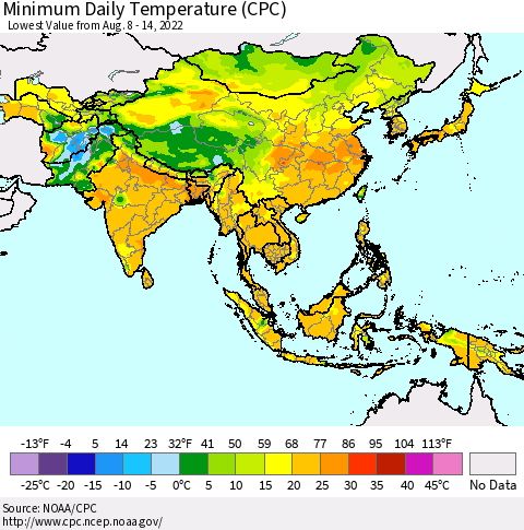 Asia Minimum Daily Temperature (CPC) Thematic Map For 8/8/2022 - 8/14/2022