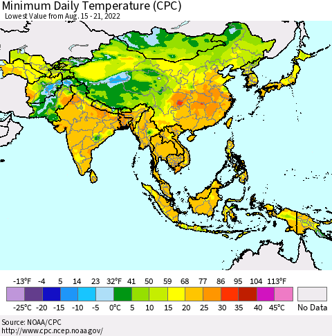 Asia Minimum Daily Temperature (CPC) Thematic Map For 8/15/2022 - 8/21/2022