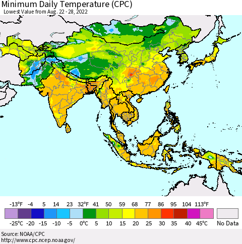Asia Minimum Daily Temperature (CPC) Thematic Map For 8/22/2022 - 8/28/2022