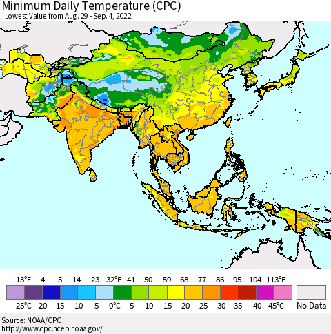 Asia Minimum Daily Temperature (CPC) Thematic Map For 8/29/2022 - 9/4/2022