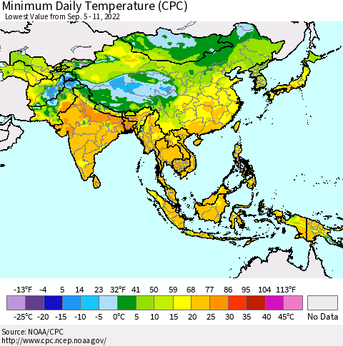 Asia Minimum Daily Temperature (CPC) Thematic Map For 9/5/2022 - 9/11/2022