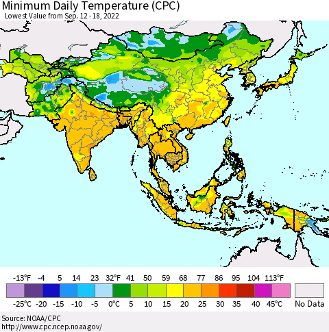 Asia Minimum Daily Temperature (CPC) Thematic Map For 9/12/2022 - 9/18/2022