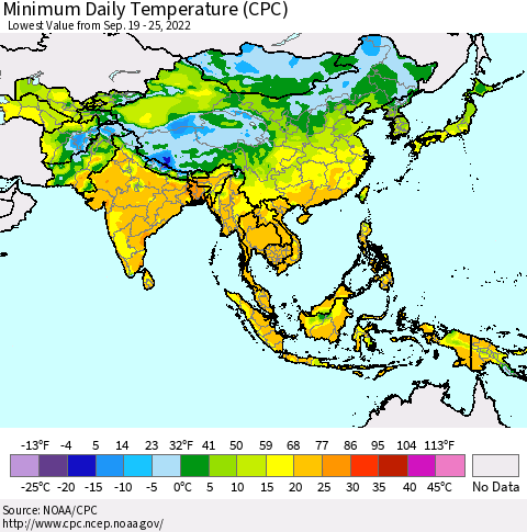 Asia Minimum Daily Temperature (CPC) Thematic Map For 9/19/2022 - 9/25/2022