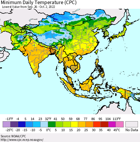 Asia Minimum Daily Temperature (CPC) Thematic Map For 9/26/2022 - 10/2/2022