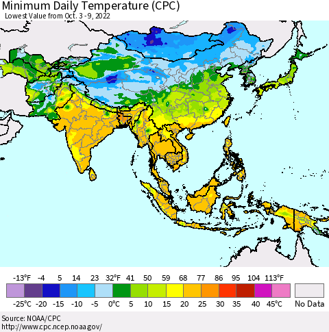 Asia Minimum Daily Temperature (CPC) Thematic Map For 10/3/2022 - 10/9/2022