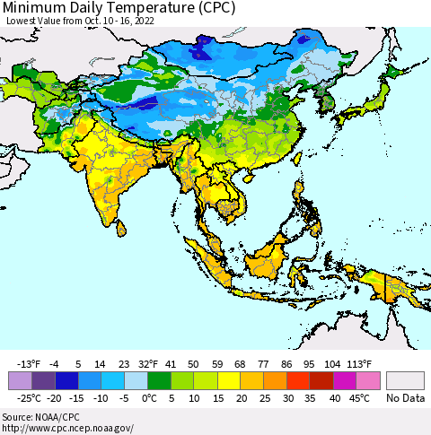 Asia Minimum Daily Temperature (CPC) Thematic Map For 10/10/2022 - 10/16/2022