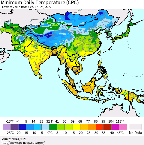 Asia Minimum Daily Temperature (CPC) Thematic Map For 10/17/2022 - 10/23/2022