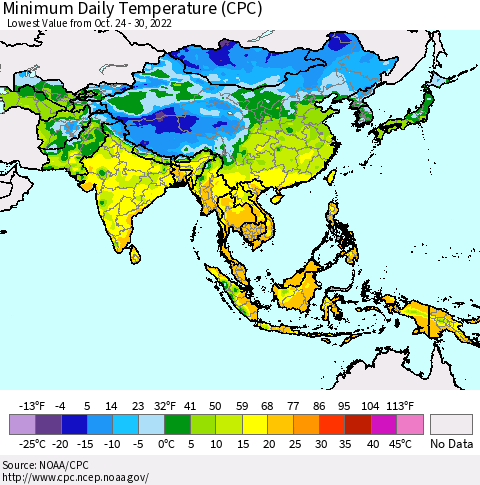 Asia Minimum Daily Temperature (CPC) Thematic Map For 10/24/2022 - 10/30/2022