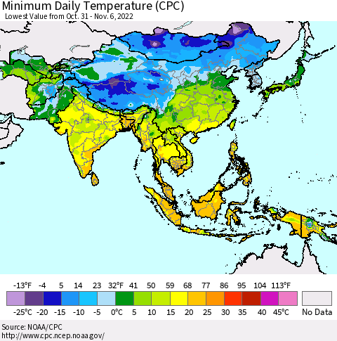 Asia Minimum Daily Temperature (CPC) Thematic Map For 10/31/2022 - 11/6/2022