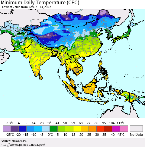 Asia Minimum Daily Temperature (CPC) Thematic Map For 11/7/2022 - 11/13/2022