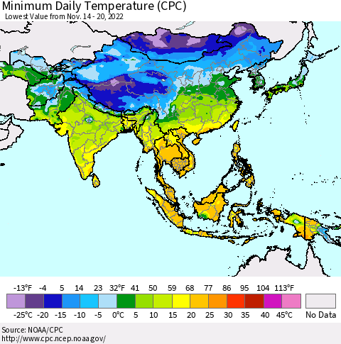 Asia Minimum Daily Temperature (CPC) Thematic Map For 11/14/2022 - 11/20/2022