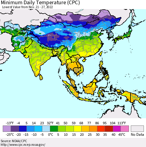 Asia Minimum Daily Temperature (CPC) Thematic Map For 11/21/2022 - 11/27/2022