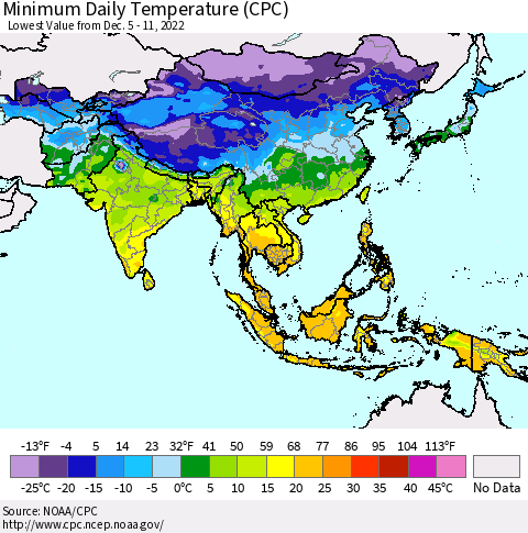 Asia Minimum Daily Temperature (CPC) Thematic Map For 12/5/2022 - 12/11/2022