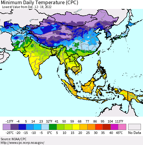 Asia Minimum Daily Temperature (CPC) Thematic Map For 12/12/2022 - 12/18/2022